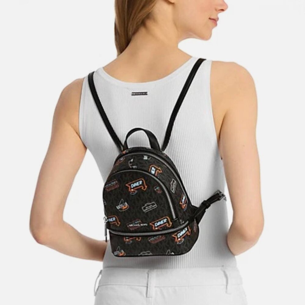 New Michael Kors Rhea Extra-Small Printed Signature Logo Backpack Black Multi
